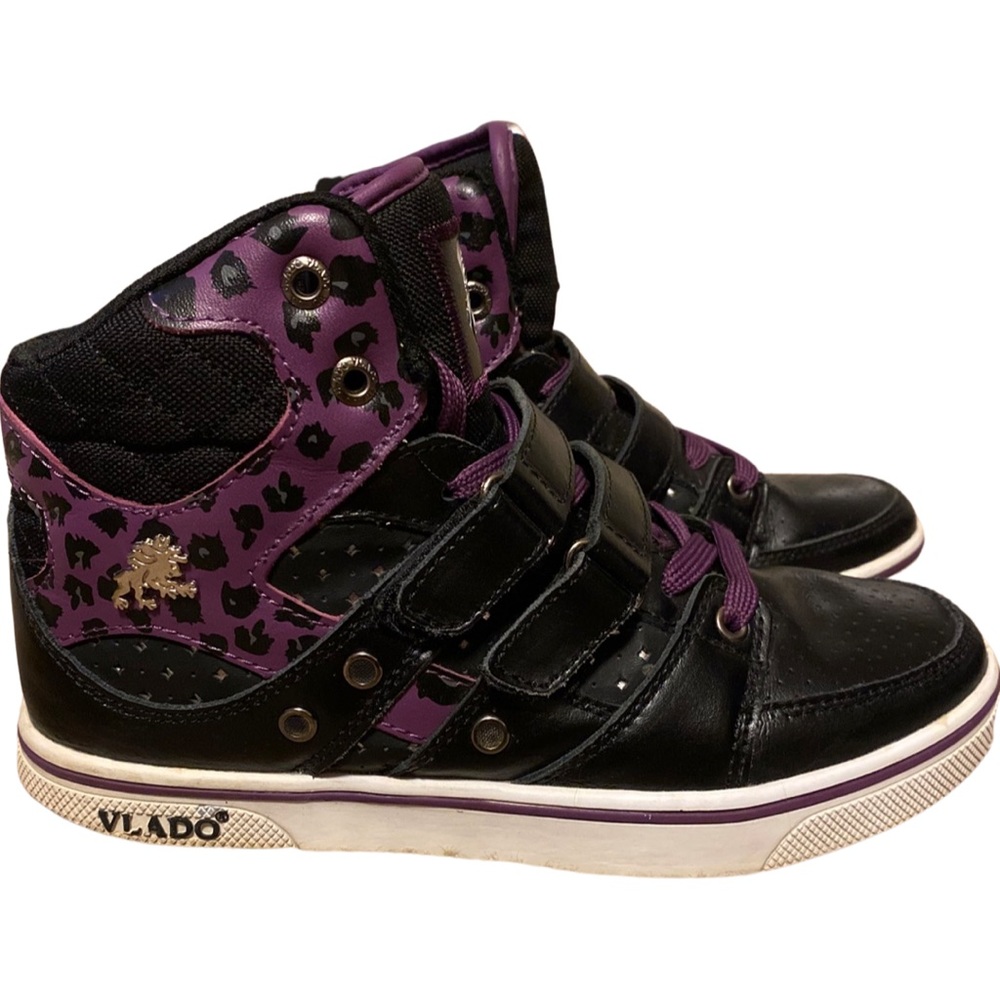 Vlado Womens Sz 6.5 Knight Leather High Top Purple Black Sneakers Cheetah Print